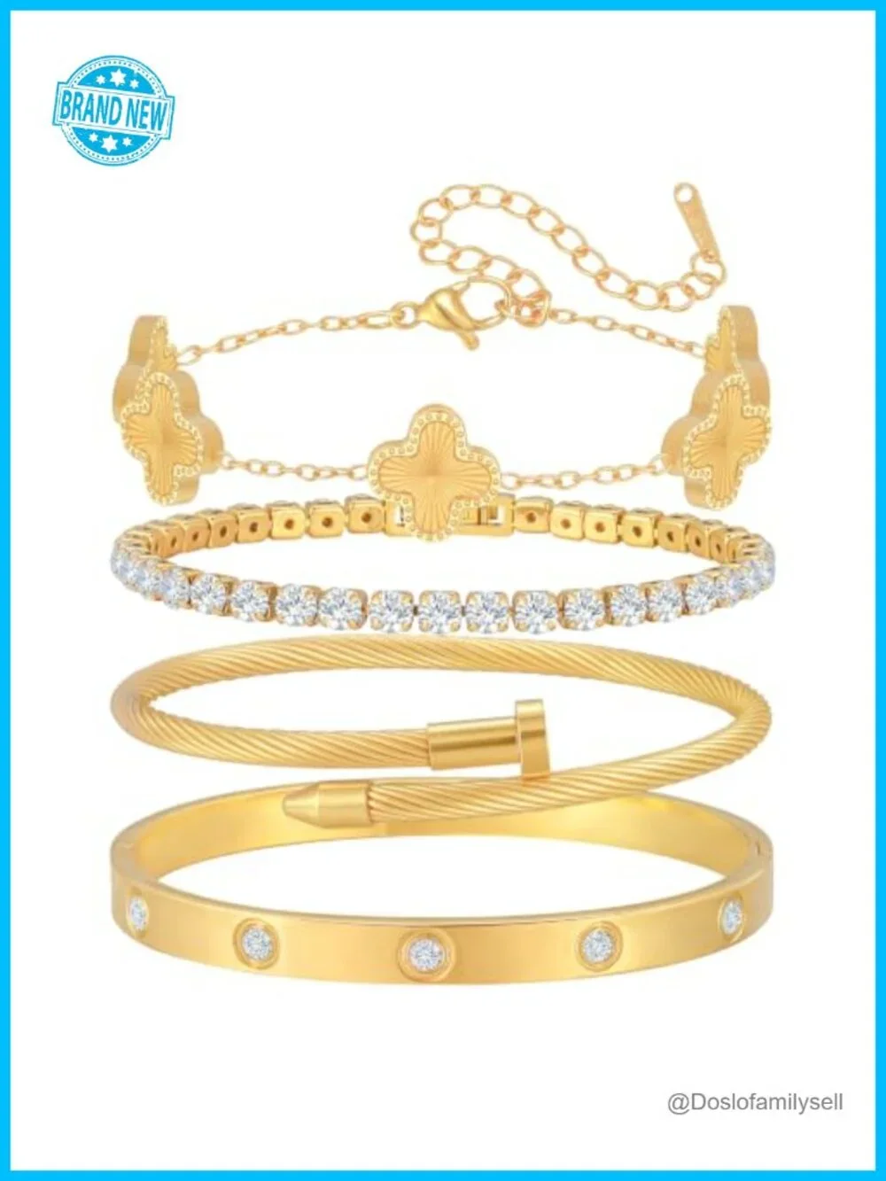 18K Gold Plated Bangle Bracelet Set Stackable 4Pcs Non Tarnish Jewelry Gift